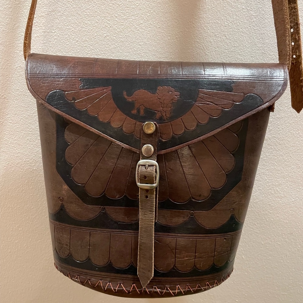 Round Handstitched Genuine Leather Crossbody Bag - Chocolate Brown